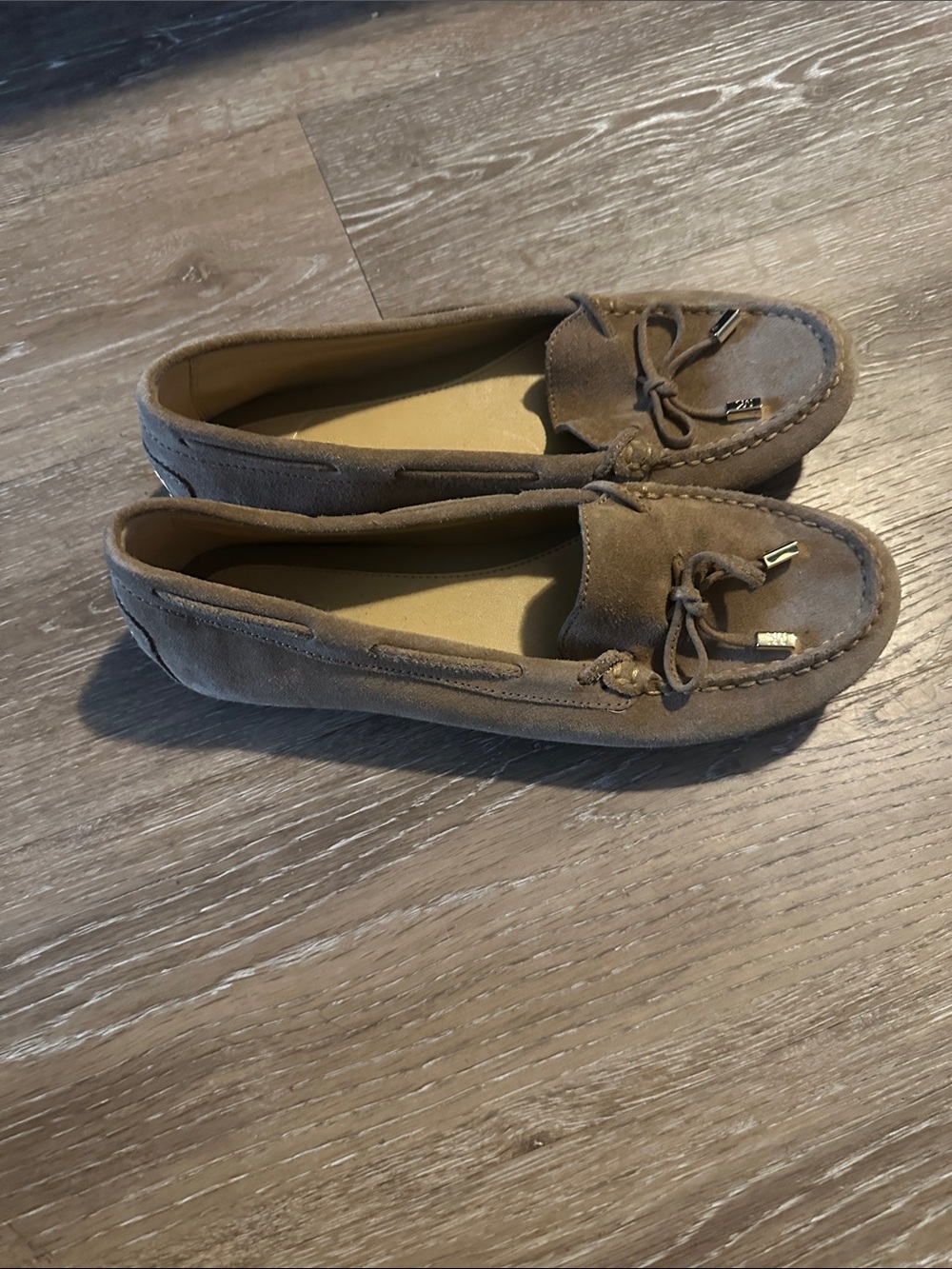 Michael Kors Taupe Suede Moccasin Loafers with Gold Logo Plaques